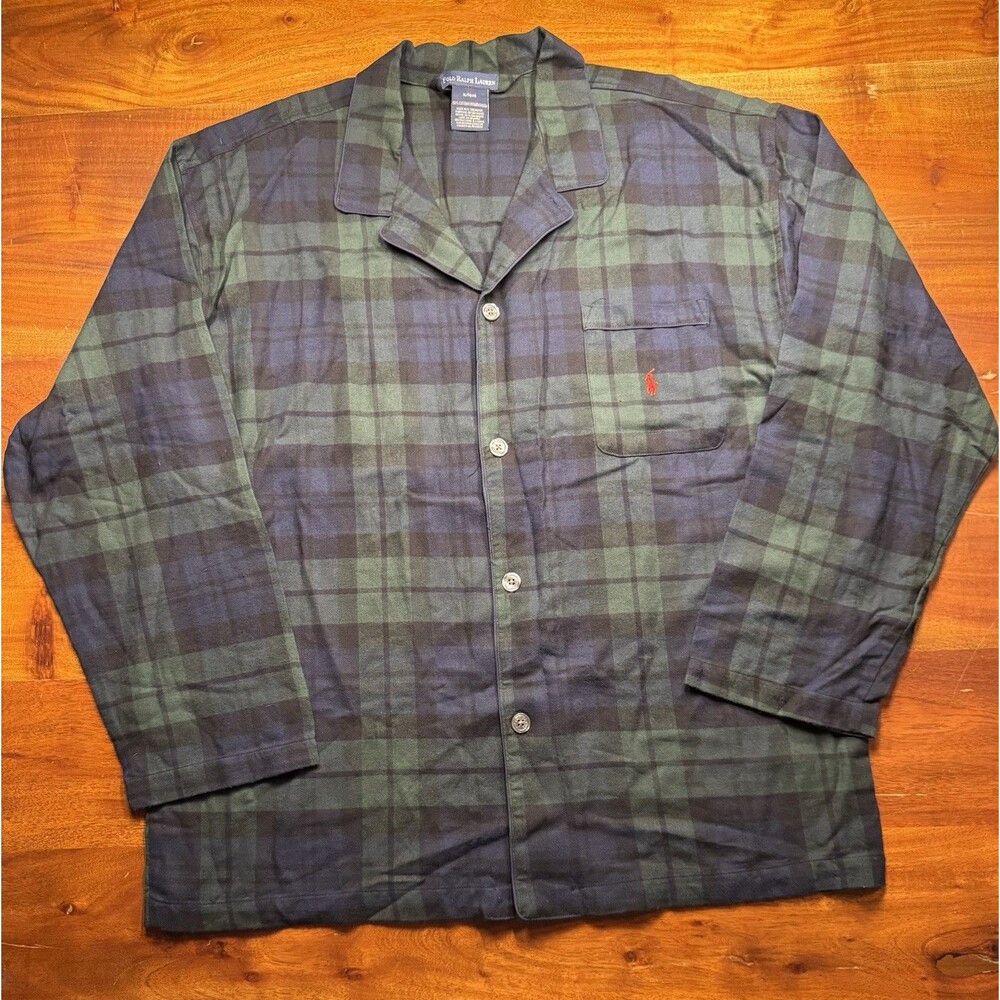 Polo Ralph Lauren Sleep Shirt Mens XL Blue Green Plaid Flannel Pajama Top Pocket